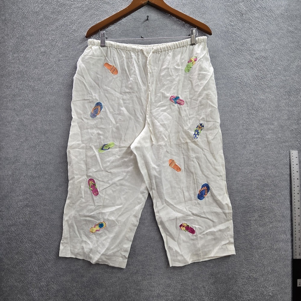 Dressbarn Women Pants PL White Cotton Linen Embroidered Graphic Sleepwear Flip